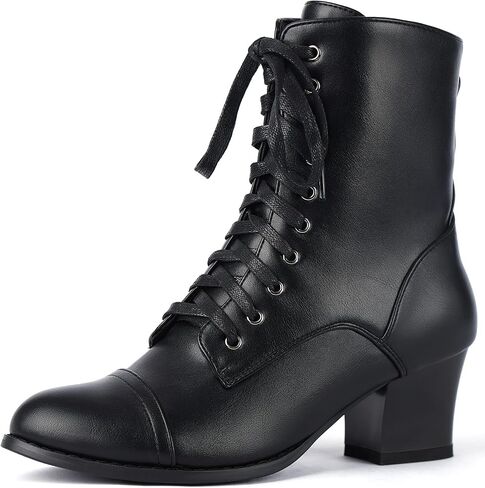 Black Chunky Mid Heel Lace Up Short Ankle Boots for Women Side Zipper Victorian Booties in Saudi Arabia