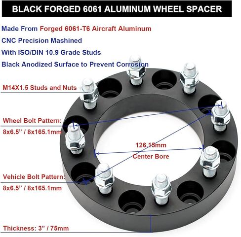 فواصل عجلات سوداء مقاس 8x6.5 مقاس 3 بوصة مع مسامير 14x1.5 متوافقة مع شيفروليه جي إم سي 8 العروة 8x165.1 لـ 1999-2010 سيلفرادو سييرا 2500 3500 HD | 2014-2021 R-A-M 2500 3500 - عبوة من 4 قطع in Kuwait