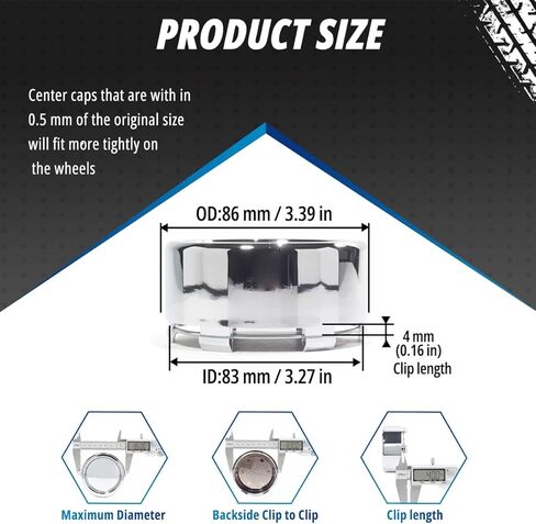 4 Pack 86 mm / 3.39 in Wheel Center Caps Kit, OD: 86 mm / 3.39 in, ID: 83 mm / 3.27 in hub caps, Snap-in Chrome ABS-Plastic Rim Covers in Saudi Arabia