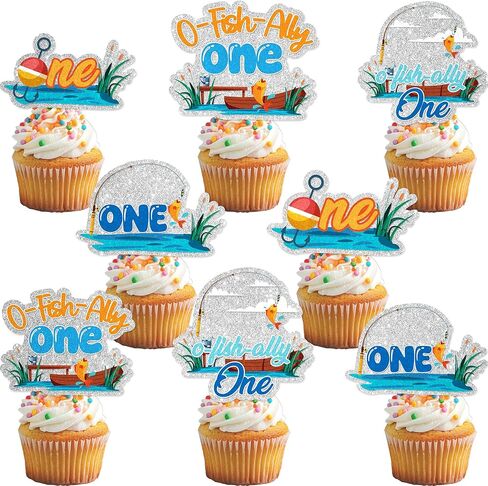 24Pcs O-Fish-Ally One Cupcake Toppers - Glitter Fishing First Birthday Party Decorations for Party Cake Décor in Saudi Arabia