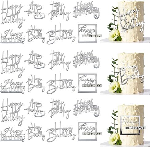 24PCS Silver Happy Birthday Acrylic Cake Toppers Mirrored Side Cake Decorations Inserts 8 Styles in Saudi Arabia