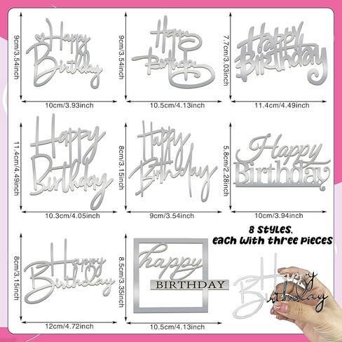 24PCS Silver Happy Birthday Acrylic Cake Toppers Mirrored Side Cake Decorations Inserts 8 Styles in Saudi Arabia
