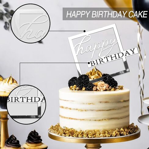 24PCS Silver Happy Birthday Acrylic Cake Toppers Mirrored Side Cake Decorations Inserts 8 Styles in Saudi Arabia
