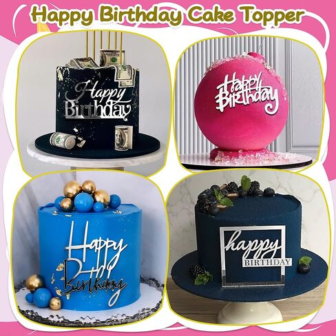 24PCS Silver Happy Birthday Acrylic Cake Toppers Mirrored Side Cake Decorations Inserts 8 Styles in Saudi Arabia