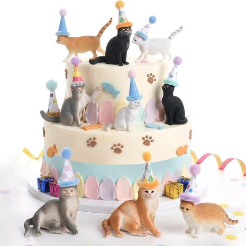 18 Pcs Cat Birthday Party Decorations, Cat Cake Toppers Figurines with Mini Birthday Hat, Cat Cake Decorations for Birthday Party, Animals Themed Party in Saudi Arabia