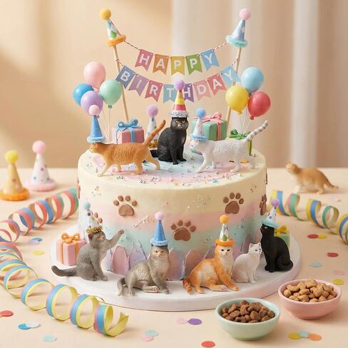 18 Pcs Cat Birthday Party Decorations, Cat Cake Toppers Figurines with Mini Birthday Hat, Cat Cake Decorations for Birthday Party, Animals Themed Party in Saudi Arabia