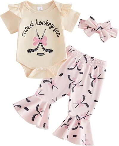 3pcs Baby Girl Summer Outfit Short Sleeve I'm Told I Love Hockey Romper Flare Pants Headband Infant Hockey Clothes in Saudi Arabia
