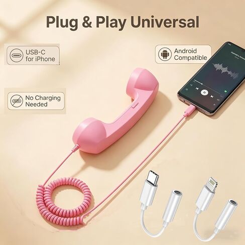 Retro Phone Handset for Cell Phone Wired Vintage Telephone Receiver with 3.5mm Jack, Includes USB-C + Lightning Adapters Old Fashioned Landline Handle for iPhone, for Android, and Laptop in Saudi Arabia