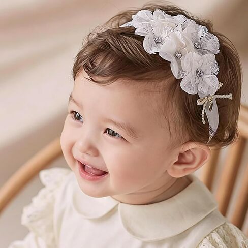Baby Girl Lace Headbands with BowKnot Flowers Christening Baptism Headband Elastic Floral Hairbands Soft Lace Hair Accessory Newborn Infant Toddler for Birthday Party (BowKnot Flowers, One Size) in Saudi Arabia