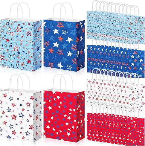 Geyoga 48 Pcs 4th of July Party Gift Bags, Patriotic Gift Bag with Handles Paper red white and blue star Treat Goodie Bags for 250th Anniversary Independence Day Patriotic Theme Parties in Saudi Arabia