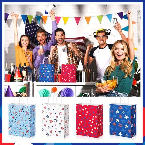 Geyoga 48 Pcs 4th of July Party Gift Bags, Patriotic Gift Bag with Handles Paper red white and blue star Treat Goodie Bags for 250th Anniversary Independence Day Patriotic Theme Parties in Saudi Arabia