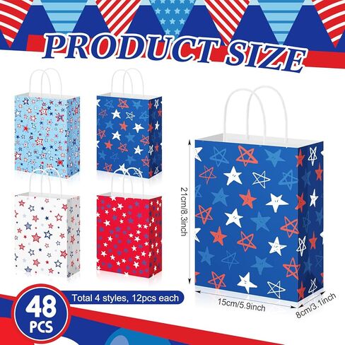 Geyoga 48 Pcs 4th of July Party Gift Bags, Patriotic Gift Bag with Handles Paper red white and blue star Treat Goodie Bags for 250th Anniversary Independence Day Patriotic Theme Parties in Saudi Arabia