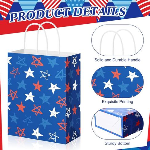 Geyoga 48 Pcs 4th of July Party Gift Bags, Patriotic Gift Bag with Handles Paper red white and blue star Treat Goodie Bags for 250th Anniversary Independence Day Patriotic Theme Parties in Saudi Arabia