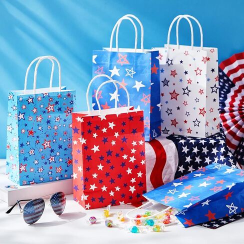 Geyoga 48 Pcs 4th of July Party Gift Bags, Patriotic Gift Bag with Handles Paper red white and blue star Treat Goodie Bags for 250th Anniversary Independence Day Patriotic Theme Parties in Saudi Arabia