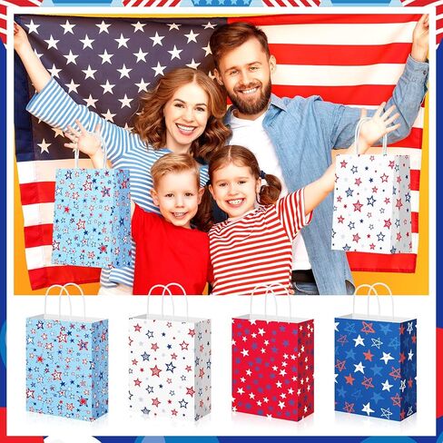 Geyoga 48 Pcs 4th of July Party Gift Bags, Patriotic Gift Bag with Handles Paper red white and blue star Treat Goodie Bags for 250th Anniversary Independence Day Patriotic Theme Parties in Saudi Arabia
