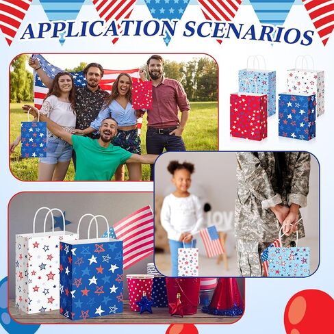 Geyoga 48 Pcs 4th of July Party Gift Bags, Patriotic Gift Bag with Handles Paper red white and blue star Treat Goodie Bags for 250th Anniversary Independence Day Patriotic Theme Parties in Saudi Arabia