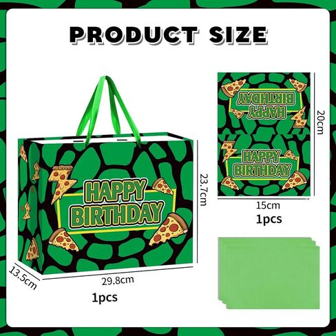 LeiGuoMinyyu Large Green Turtle Theme Birthday Gift Bag with Tissue Paper and Greeting Card Cartoon Turtle Birthday Party Favor Bags Kids Birthday Party Supplies in Saudi Arabia