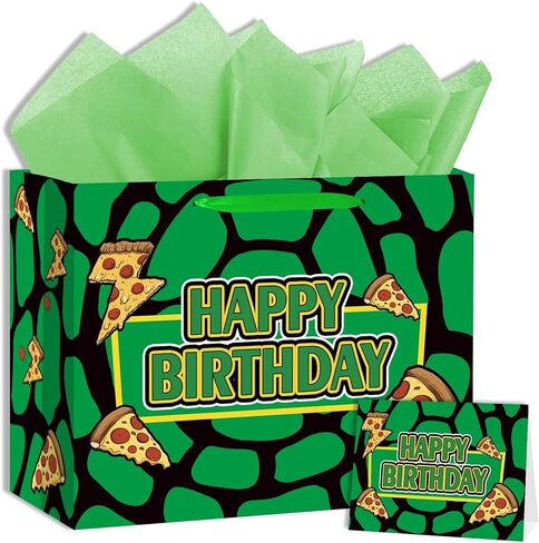LeiGuoMinyyu Large Green Turtle Theme Birthday Gift Bag with Tissue Paper and Greeting Card Cartoon Turtle Birthday Party Favor Bags Kids Birthday Party Supplies in Saudi Arabia