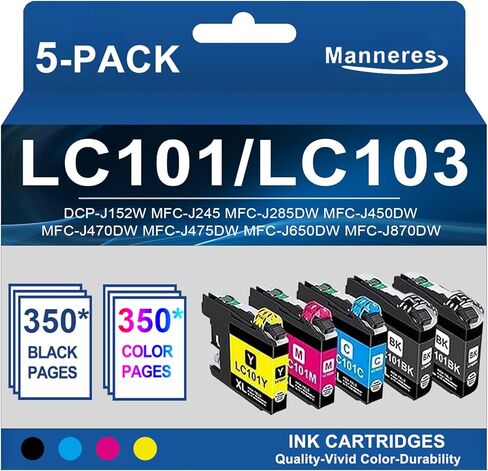 خراطيش حبر LC101XL متوافقة مع LC101/103 (2BK/C/M/Y 5 عبوات) لخراطيش حبر Brother LC101 تعمل مع الطابعة MFC-J870DW MFC-J6920DW MFC-J6520DW MFC-J450DW in Kuwait