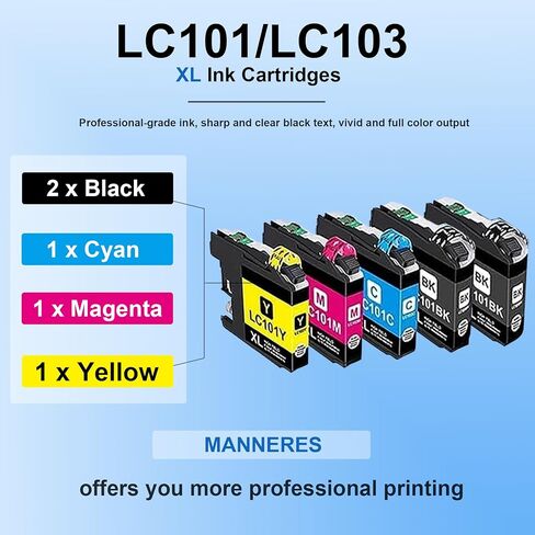 خراطيش حبر LC101XL متوافقة مع LC101/103 (2BK/C/M/Y 5 عبوات) لخراطيش حبر Brother LC101 تعمل مع الطابعة MFC-J870DW MFC-J6920DW MFC-J6520DW MFC-J450DW in Kuwait