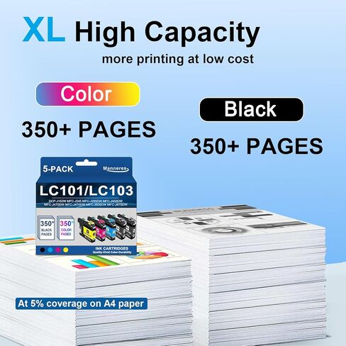 خراطيش حبر LC101XL متوافقة مع LC101/103 (2BK/C/M/Y 5 عبوات) لخراطيش حبر Brother LC101 تعمل مع الطابعة MFC-J870DW MFC-J6920DW MFC-J6520DW MFC-J450DW in Kuwait