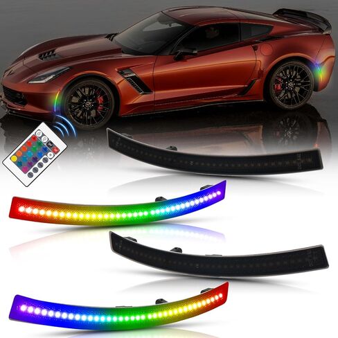 أضواء RGB الجانبية 16 لونًا لسيارة Chevy Corvette C7 2014 2015 2016 2017 2018 2019 عدسة أمامية خلفية مدخنة LED أضواء إشارة الانعطاف حزمة من 4 in Kuwait