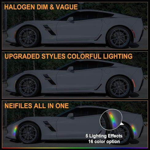 أضواء RGB الجانبية 16 لونًا لسيارة Chevy Corvette C7 2014 2015 2016 2017 2018 2019 عدسة أمامية خلفية مدخنة LED أضواء إشارة الانعطاف حزمة من 4 in Kuwait