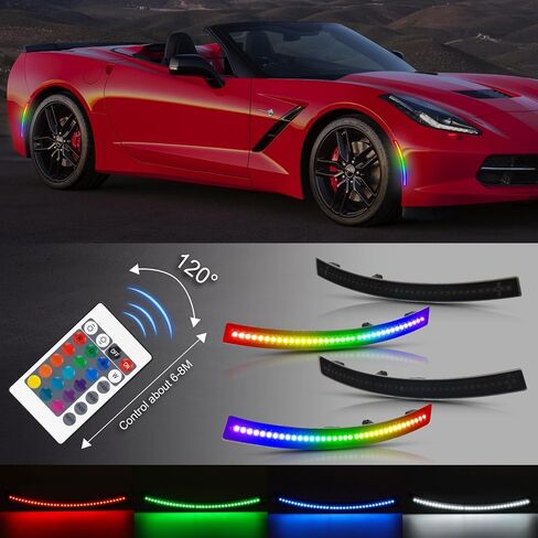 أضواء RGB الجانبية 16 لونًا لسيارة Chevy Corvette C7 2014 2015 2016 2017 2018 2019 عدسة أمامية خلفية مدخنة LED أضواء إشارة الانعطاف حزمة من 4 in Kuwait