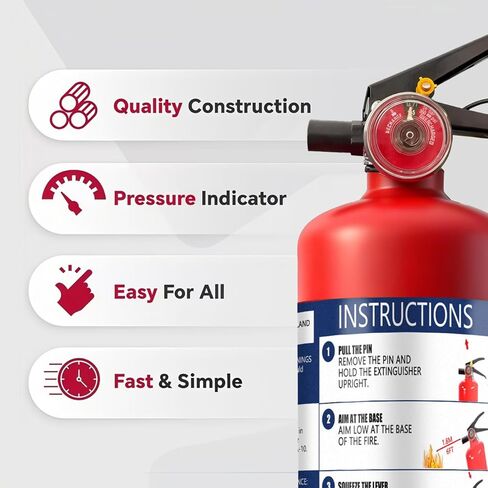 ABC Fire Extinguisher for Home & Vehicle - 2.5 lb 1-A:10-B:C Rated, Dry Chemical Fire Safety Certified for Kitchen/Car/Boat Use in Saudi Arabia