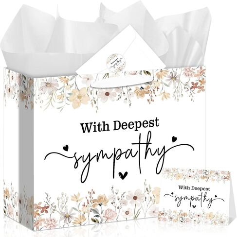 Wildflower Sympathy Gift Bag Set All-in-One Gift Wrapping Kit with Greeting Card Sticker Envelope Wrapping Paper for Loss of Loved One, Memorial Gifts for Bereavement, Funeral, Deepest Condolence in Kuwait
