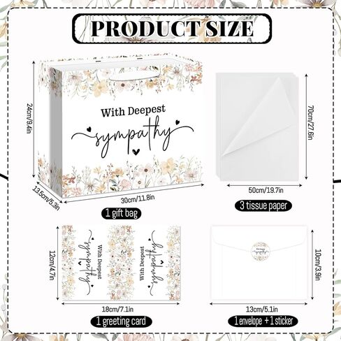 Wildflower Sympathy Gift Bag Set All-in-One Gift Wrapping Kit with Greeting Card Sticker Envelope Wrapping Paper for Loss of Loved One, Memorial Gifts for Bereavement, Funeral, Deepest Condolence in Kuwait