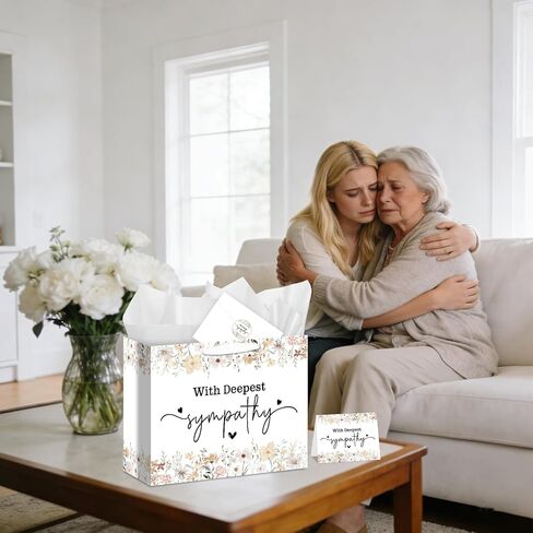 Wildflower Sympathy Gift Bag Set All-in-One Gift Wrapping Kit with Greeting Card Sticker Envelope Wrapping Paper for Loss of Loved One, Memorial Gifts for Bereavement, Funeral, Deepest Condolence in Kuwait