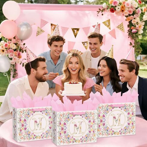 حقيبة هدايا Loveinside بحجم 13 بوصة على شكل حرف M من الزهور، حقيبة هدايا أولية على شكل زهرة الأبجدية الشخصية مع مناديل ورقية للفتيات، وأعياد الميلاد، والزفاف، وعيد الأم، وحفلات الزفاف، 13 بوصة × 5 بوصة × 10 بوصة، قطعة واحدة in Kuwait