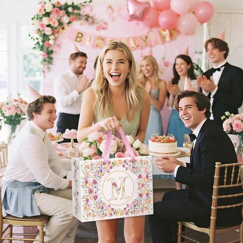حقيبة هدايا Loveinside بحجم 13 بوصة على شكل حرف M من الزهور، حقيبة هدايا أولية على شكل زهرة الأبجدية الشخصية مع مناديل ورقية للفتيات، وأعياد الميلاد، والزفاف، وعيد الأم، وحفلات الزفاف، 13 بوصة × 5 بوصة × 10 بوصة، قطعة واحدة in Kuwait