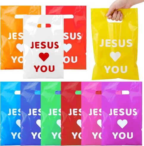 ajabavbd 100 Pcs Jesus Loves You Bag, Christian Gifts Bulk Religious Plastic, Gift Bags with Handles, for Jesus Birthday Thanksgiving Christmas Easser Party in Saudi Arabia