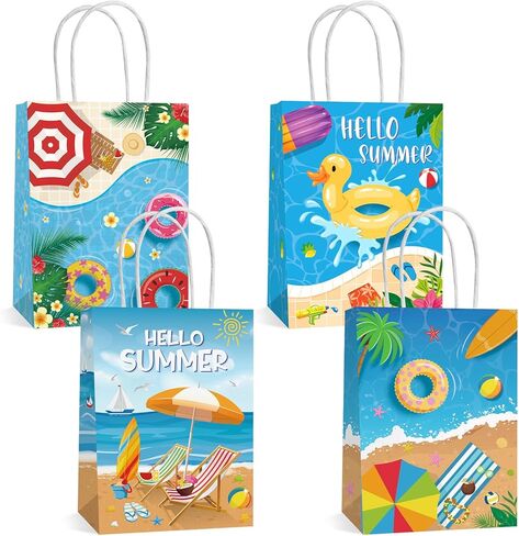 Lemicin 12 Pcs Summer Goodie Bags Pool Party Favor Bags Treat Candy Snack Bag Paper Beach Gift Bags with Handles for Hawaiian Luau Birthday Baby Shower Hello Summer Pool Holiday Party Supplies in Kuwait