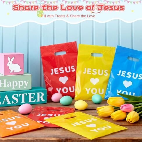 ajabavbd 100 Pcs Jesus Loves You Bag, Christian Gifts Bulk Religious Plastic, Gift Bags with Handles, for Jesus Birthday Thanksgiving Christmas Easser Party in Saudi Arabia