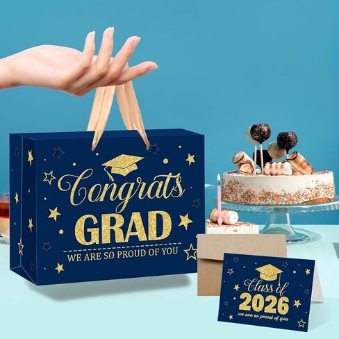 GOLDCROW Blue Gold Graduation Gift Bag, Congratulations Class of 2026 Design with Tissue Paper and Greeting Card, for Class of 2026 Congrats Grad Party Decorations in Saudi Arabia