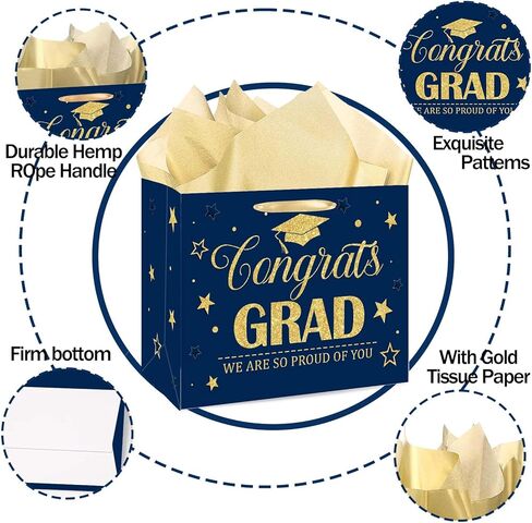 GOLDCROW Blue Gold Graduation Gift Bag, Congratulations Class of 2026 Design with Tissue Paper and Greeting Card, for Class of 2026 Congrats Grad Party Decorations in Saudi Arabia