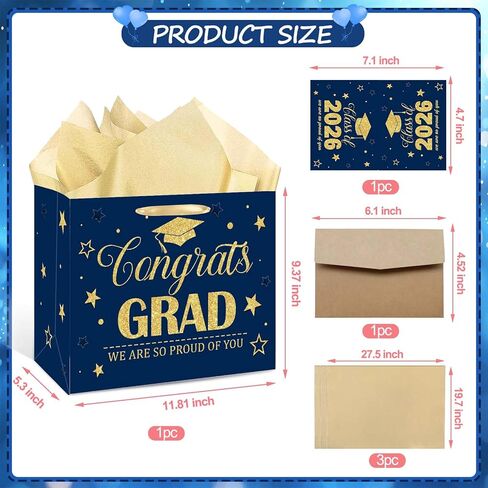 GOLDCROW Blue Gold Graduation Gift Bag, Congratulations Class of 2026 Design with Tissue Paper and Greeting Card, for Class of 2026 Congrats Grad Party Decorations in Saudi Arabia