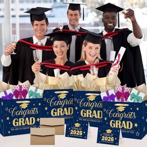 GOLDCROW Blue Gold Graduation Gift Bag, Congratulations Class of 2026 Design with Tissue Paper and Greeting Card, for Class of 2026 Congrats Grad Party Decorations in Saudi Arabia