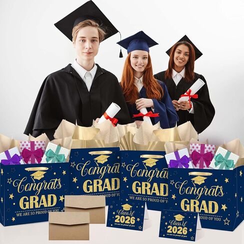 GOLDCROW Blue Gold Graduation Gift Bag, Congratulations Class of 2026 Design with Tissue Paper and Greeting Card, for Class of 2026 Congrats Grad Party Decorations in Saudi Arabia