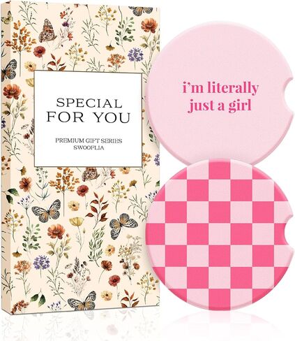 Swooflia Car Coasters for Women - Checkered Ceramic Car Cupholder Coaster Cool Absorbent Mat Coaster with Cork Base 2 Pack Automotive Cup Holder Accessories New Driver Gifts for Decor in Saudi Arabia