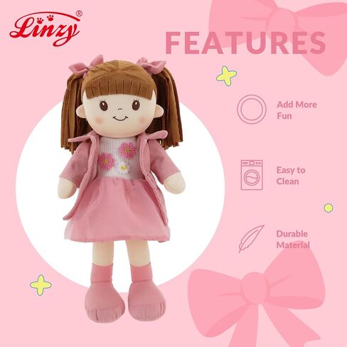 Linzy 15" Little Sweet Hearts Emily Doll - Adorable My First Plush Rag Doll for Girls - Soft Baby Doll with Braided Pigtails & Bows, Washable Sensory Cloth Baby Doll, Stuffed Doll for Toddlers in Saudi Arabia