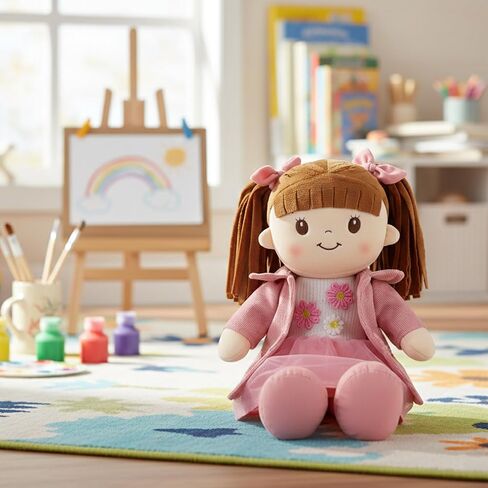 Linzy 15" Little Sweet Hearts Emily Doll - Adorable My First Plush Rag Doll for Girls - Soft Baby Doll with Braided Pigtails & Bows, Washable Sensory Cloth Baby Doll, Stuffed Doll for Toddlers in Saudi Arabia