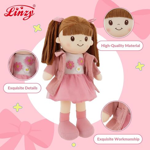 Linzy 15" Little Sweet Hearts Emily Doll - Adorable My First Plush Rag Doll for Girls - Soft Baby Doll with Braided Pigtails & Bows, Washable Sensory Cloth Baby Doll, Stuffed Doll for Toddlers in Saudi Arabia