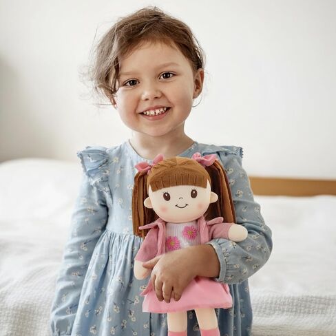 Linzy 15" Little Sweet Hearts Emily Doll - Adorable My First Plush Rag Doll for Girls - Soft Baby Doll with Braided Pigtails & Bows, Washable Sensory Cloth Baby Doll, Stuffed Doll for Toddlers in Saudi Arabia