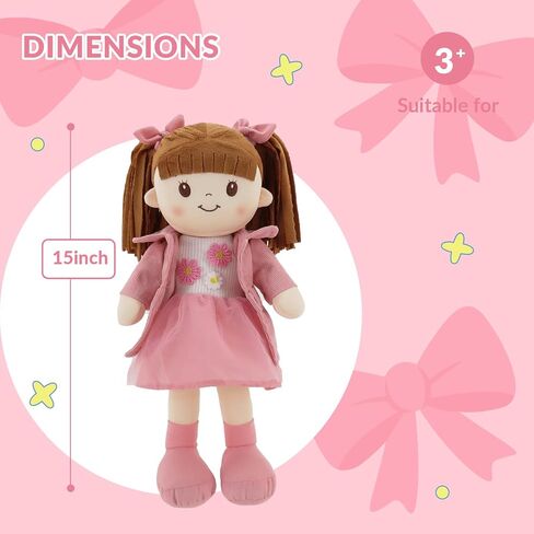 Linzy 15" Little Sweet Hearts Emily Doll - Adorable My First Plush Rag Doll for Girls - Soft Baby Doll with Braided Pigtails & Bows, Washable Sensory Cloth Baby Doll, Stuffed Doll for Toddlers in Saudi Arabia
