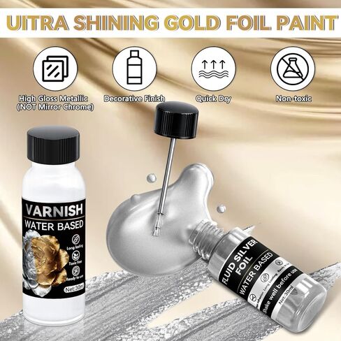 Yeardera Liquid Silver Leaf Paint Kit, Water-Based Metallic Silver Acrylic Paint with Gloss Varnish, Decorative High Gloss Silver Leaf Effect for Crafts, Resin Art, Models & DIY Decor (2 x 30ml) in Saudi Arabia