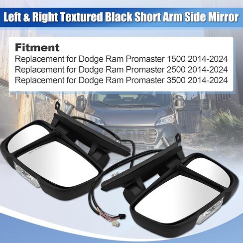 CH1320376 CH1321417 Left & RightSide Mirror Replacement for Dodge Ram Promaster 1500 2500 3500 2014-2024 with Heated Temperature Sensor Turn Signal Indicator Short Arm in Saudi Arabia